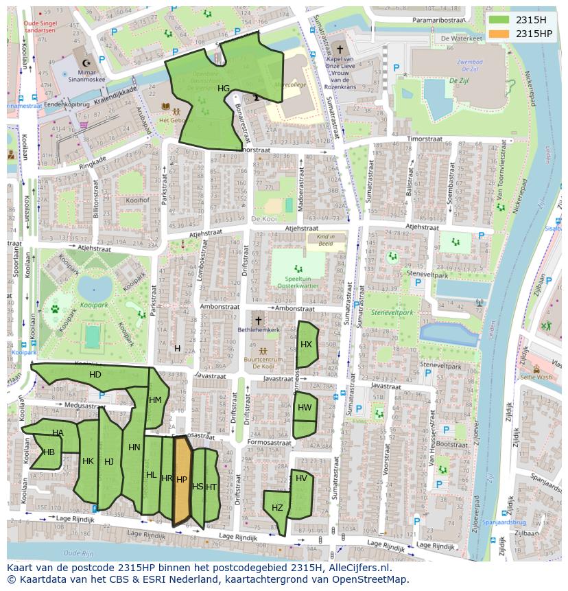 Afbeelding van het postcodegebied 2315 HP op de kaart.