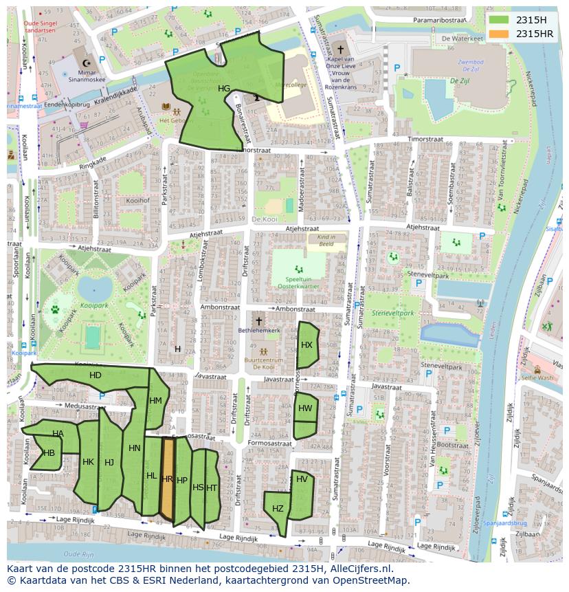 Afbeelding van het postcodegebied 2315 HR op de kaart.