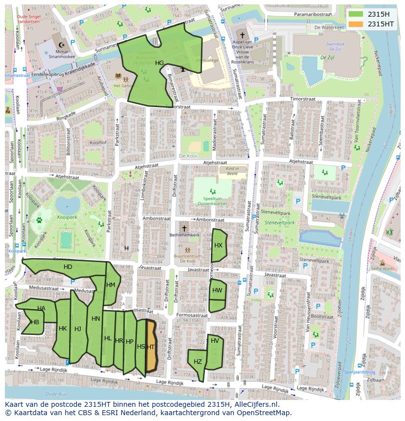 Afbeelding van het postcodegebied 2315 HT op de kaart.
