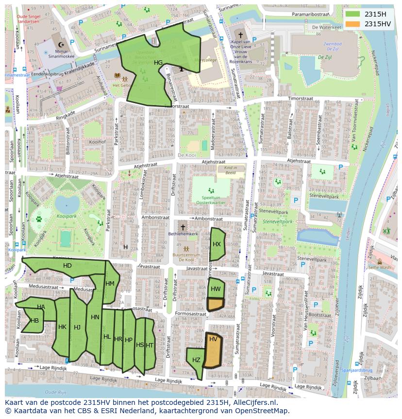 Afbeelding van het postcodegebied 2315 HV op de kaart.