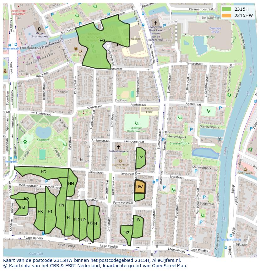 Afbeelding van het postcodegebied 2315 HW op de kaart.