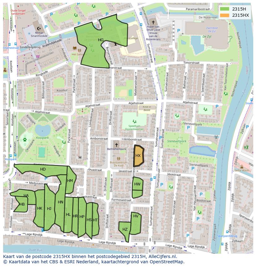 Afbeelding van het postcodegebied 2315 HX op de kaart.