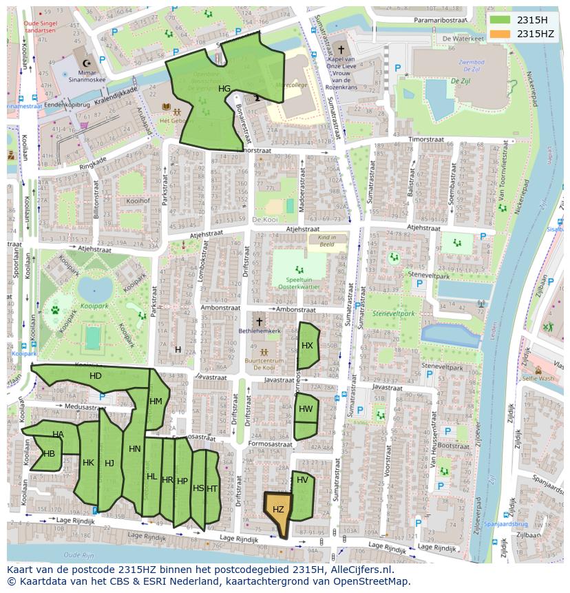 Afbeelding van het postcodegebied 2315 HZ op de kaart.