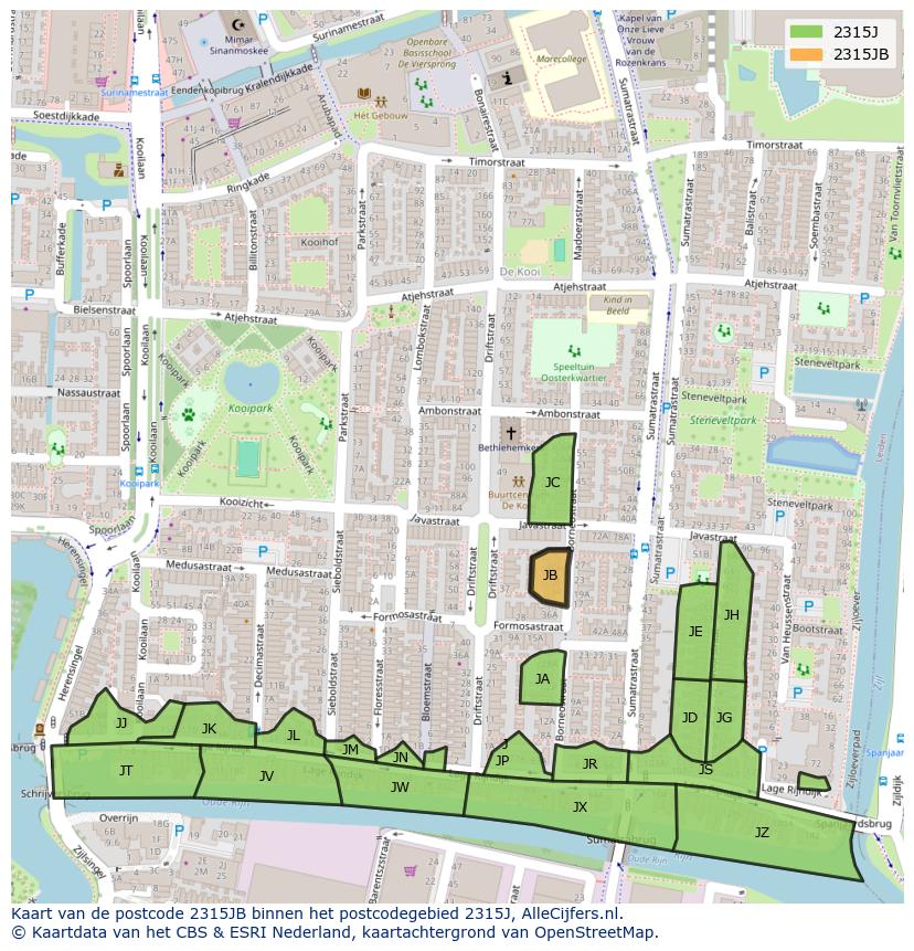 Afbeelding van het postcodegebied 2315 JB op de kaart.