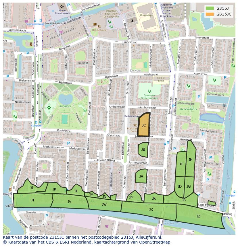 Afbeelding van het postcodegebied 2315 JC op de kaart.