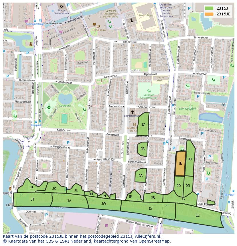 Afbeelding van het postcodegebied 2315 JE op de kaart.