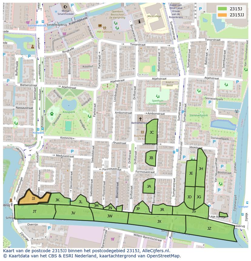 Afbeelding van het postcodegebied 2315 JJ op de kaart.
