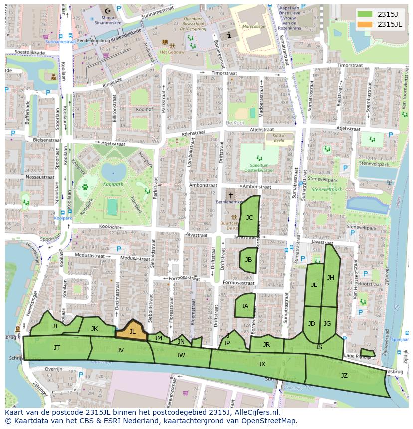 Afbeelding van het postcodegebied 2315 JL op de kaart.