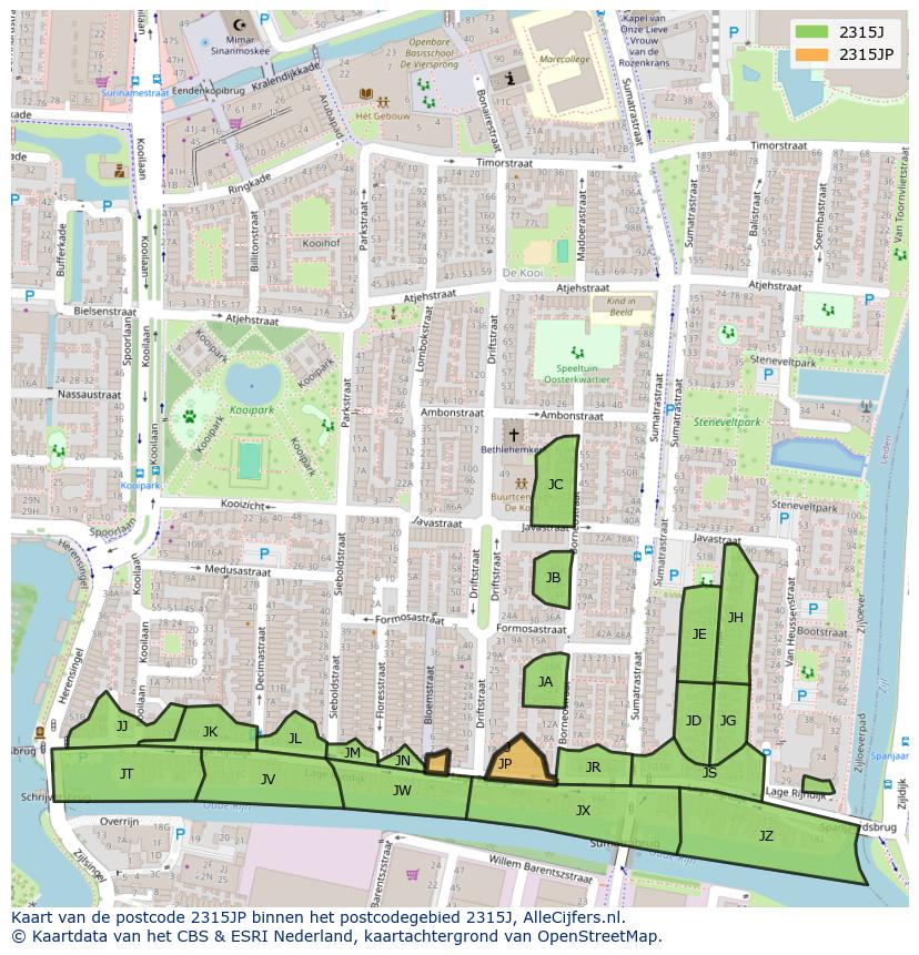 Afbeelding van het postcodegebied 2315 JP op de kaart.