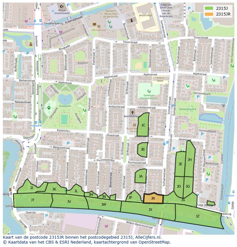 Afbeelding van het postcodegebied 2315 JR op de kaart.