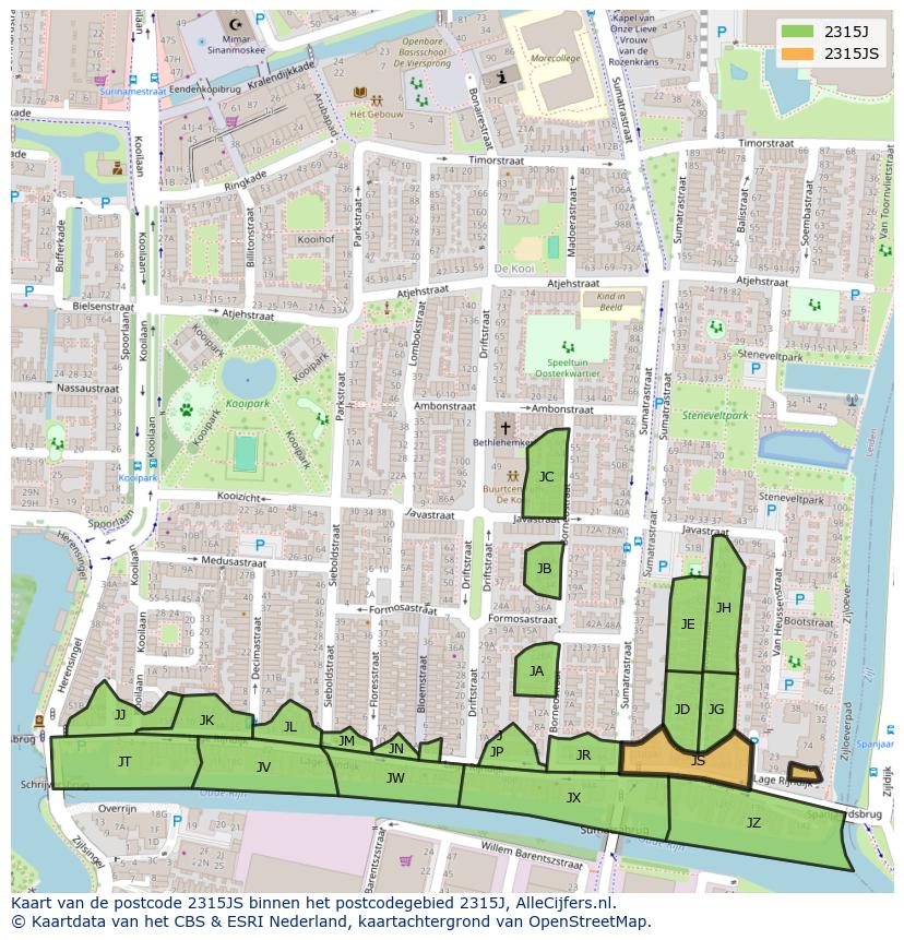 Afbeelding van het postcodegebied 2315 JS op de kaart.