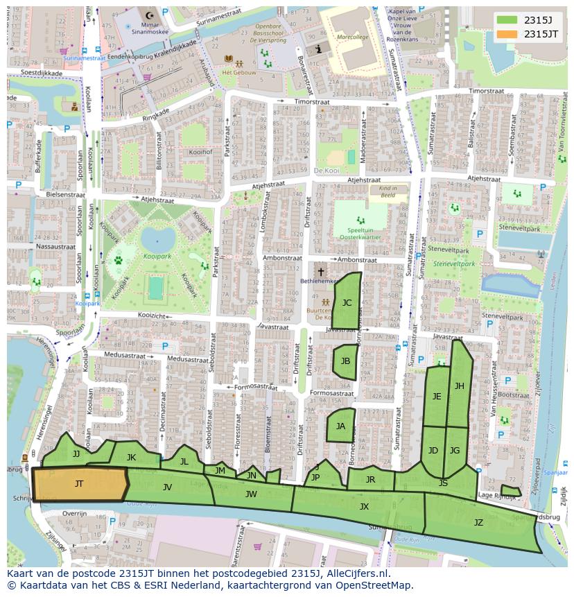 Afbeelding van het postcodegebied 2315 JT op de kaart.