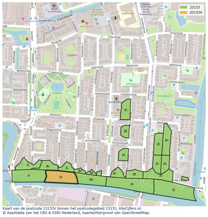 Afbeelding van het postcodegebied 2315 JV op de kaart.