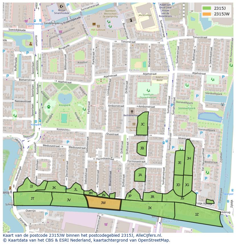 Afbeelding van het postcodegebied 2315 JW op de kaart.