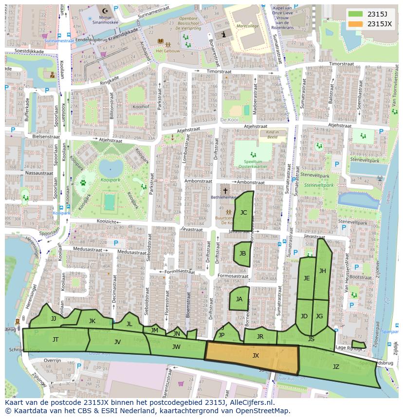 Afbeelding van het postcodegebied 2315 JX op de kaart.