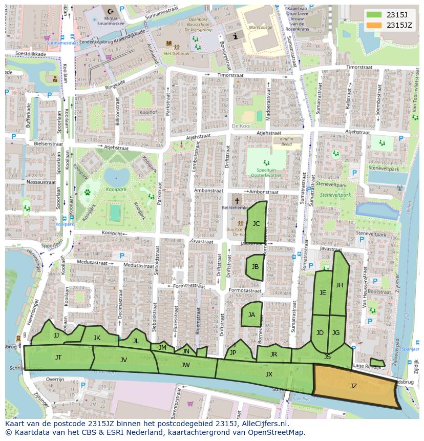 Afbeelding van het postcodegebied 2315 JZ op de kaart.