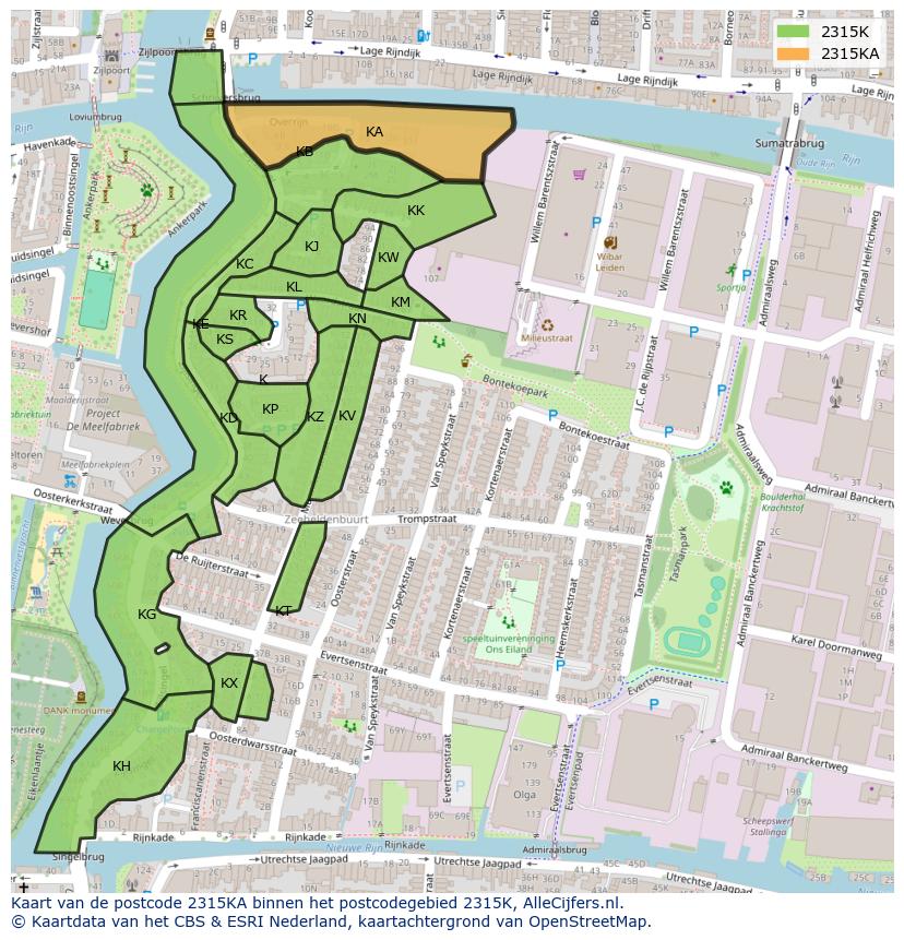 Afbeelding van het postcodegebied 2315 KA op de kaart.