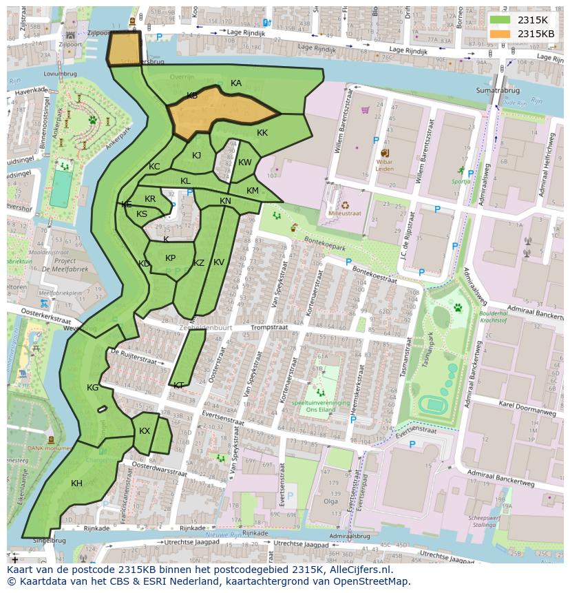 Afbeelding van het postcodegebied 2315 KB op de kaart.