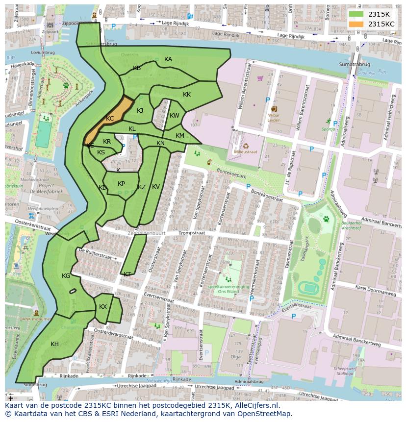 Afbeelding van het postcodegebied 2315 KC op de kaart.