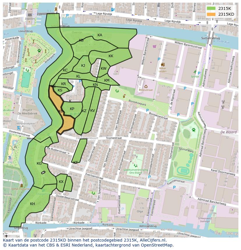 Afbeelding van het postcodegebied 2315 KD op de kaart.