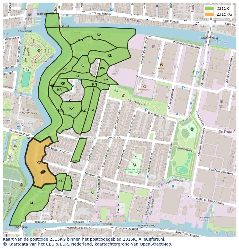 Afbeelding van het postcodegebied 2315 KG op de kaart.