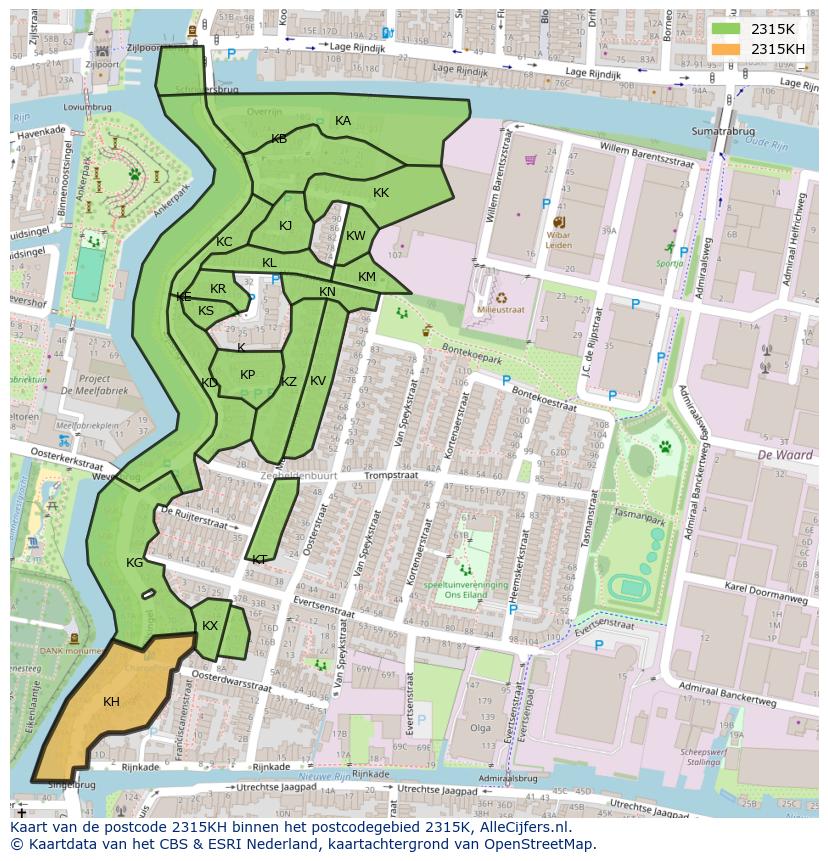 Afbeelding van het postcodegebied 2315 KH op de kaart.