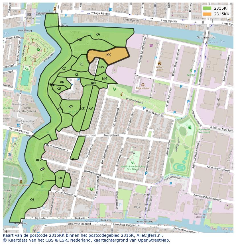 Afbeelding van het postcodegebied 2315 KK op de kaart.