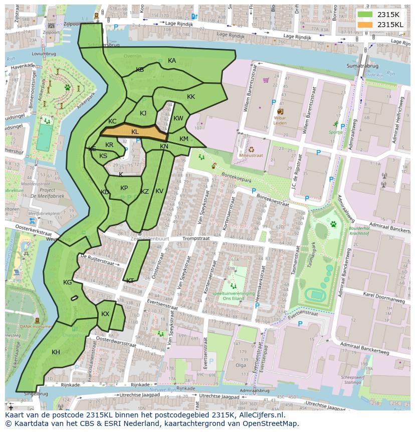 Afbeelding van het postcodegebied 2315 KL op de kaart.