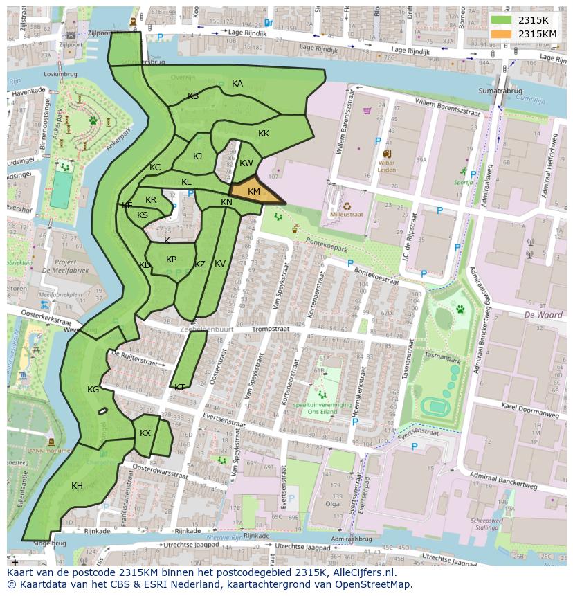 Afbeelding van het postcodegebied 2315 KM op de kaart.