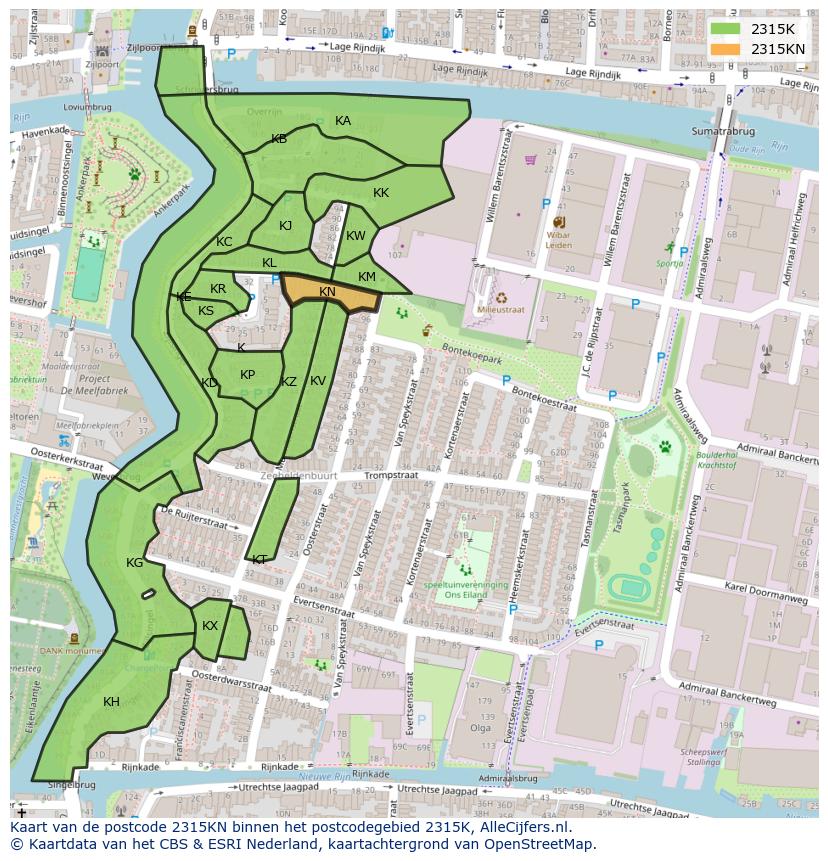 Afbeelding van het postcodegebied 2315 KN op de kaart.