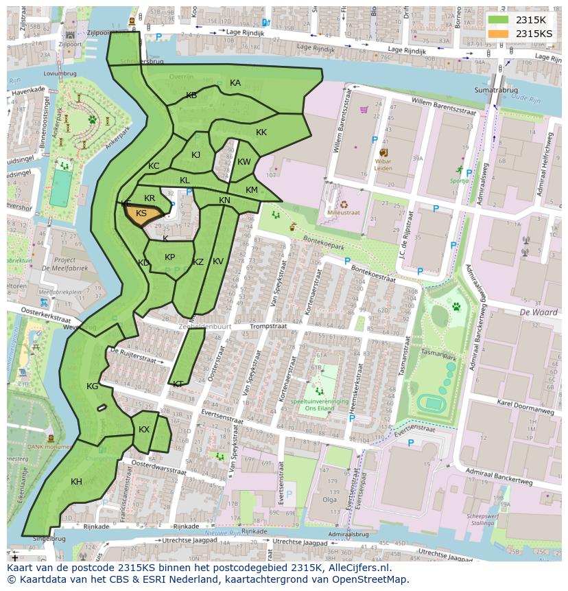 Afbeelding van het postcodegebied 2315 KS op de kaart.