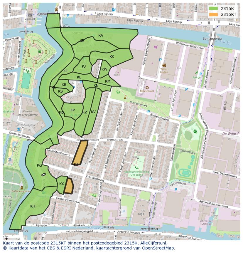 Afbeelding van het postcodegebied 2315 KT op de kaart.