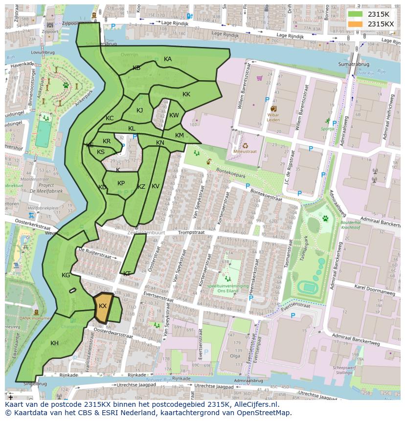 Afbeelding van het postcodegebied 2315 KX op de kaart.