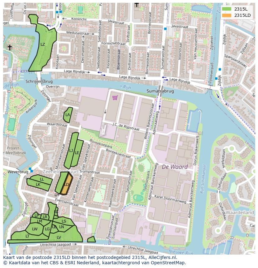 Afbeelding van het postcodegebied 2315 LD op de kaart.