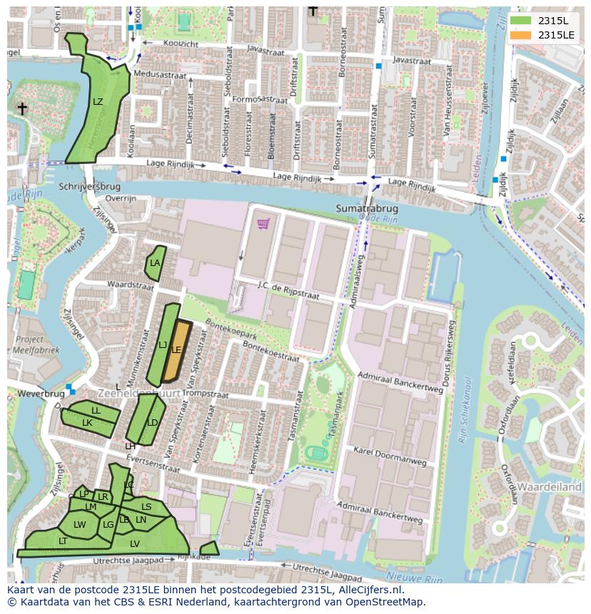 Afbeelding van het postcodegebied 2315 LE op de kaart.