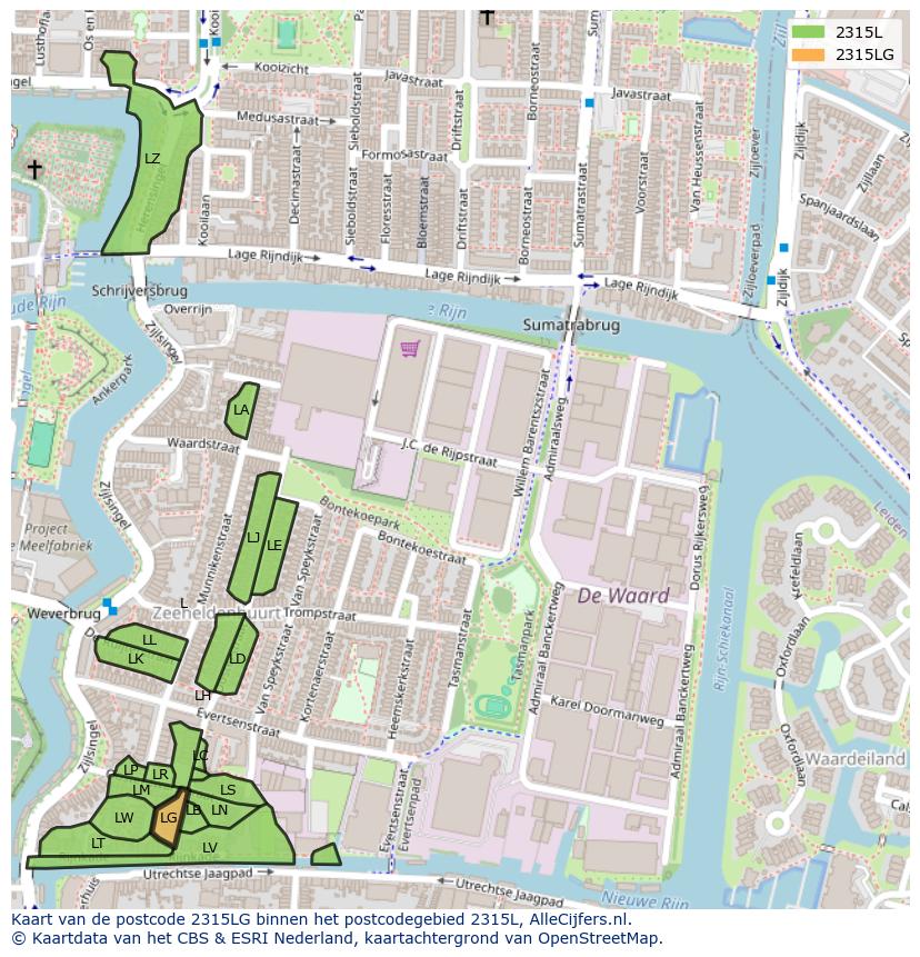Afbeelding van het postcodegebied 2315 LG op de kaart.