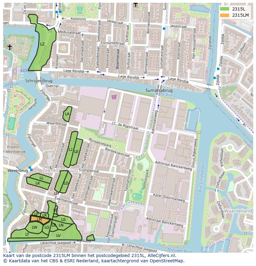 Afbeelding van het postcodegebied 2315 LM op de kaart.