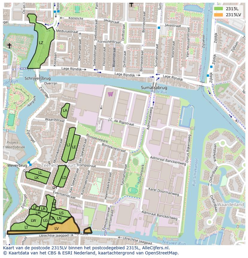 Afbeelding van het postcodegebied 2315 LV op de kaart.