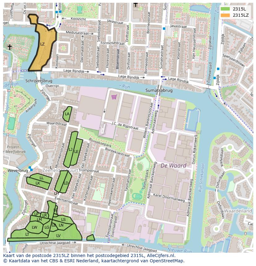 Afbeelding van het postcodegebied 2315 LZ op de kaart.