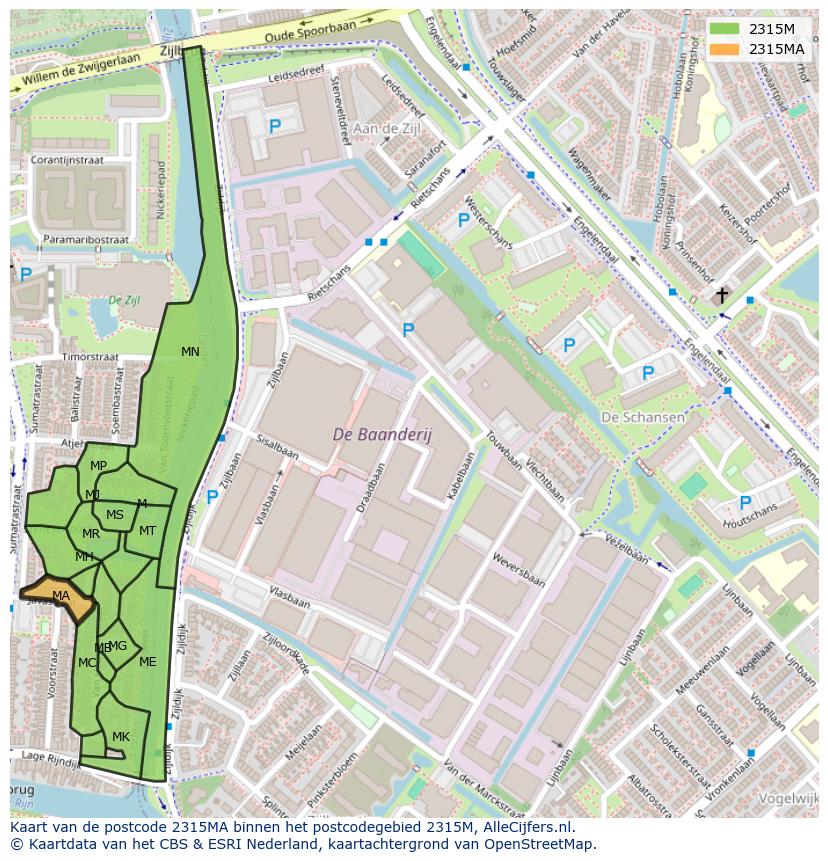 Afbeelding van het postcodegebied 2315 MA op de kaart.
