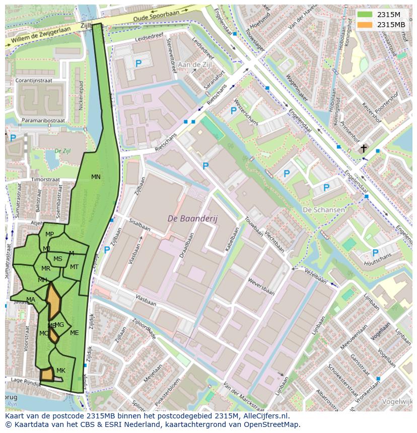 Afbeelding van het postcodegebied 2315 MB op de kaart.
