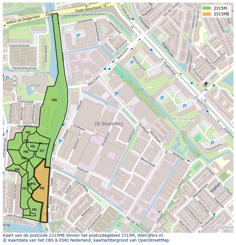 Afbeelding van het postcodegebied 2315 ME op de kaart.