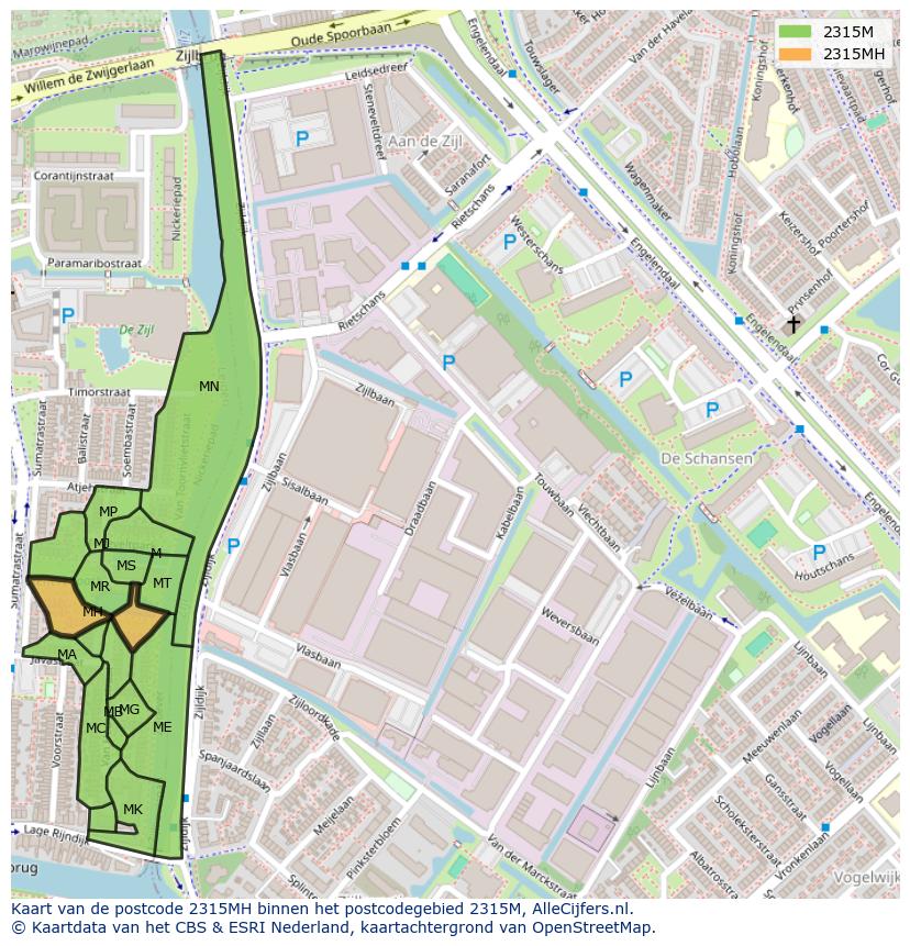 Afbeelding van het postcodegebied 2315 MH op de kaart.