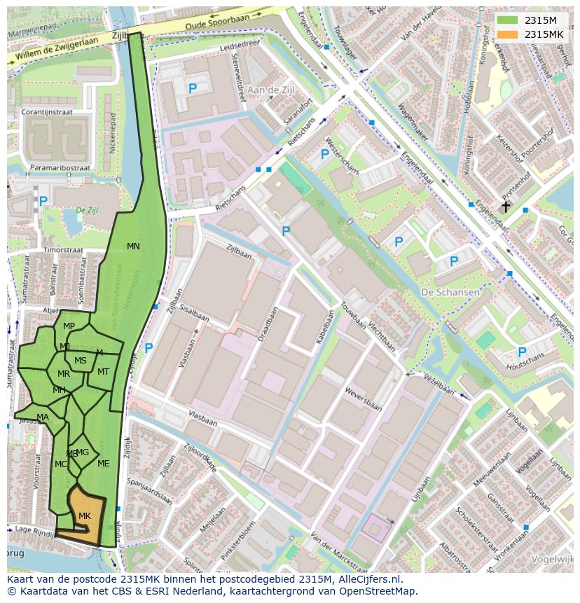 Afbeelding van het postcodegebied 2315 MK op de kaart.
