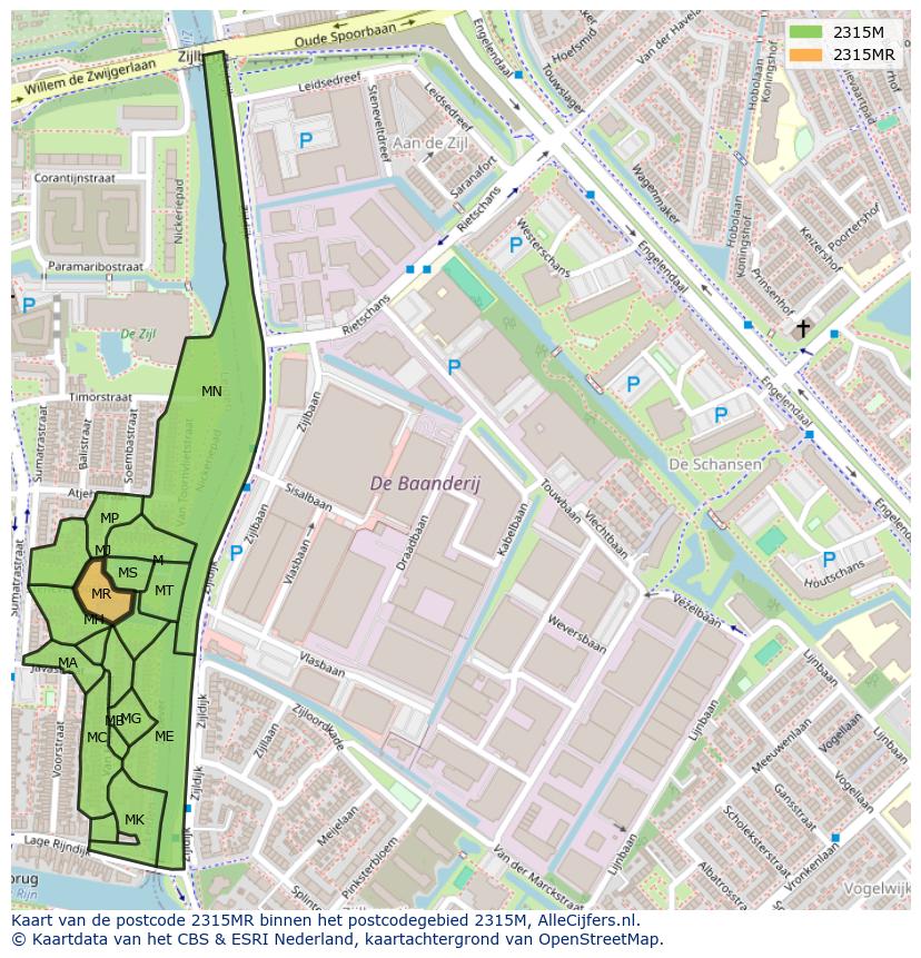 Afbeelding van het postcodegebied 2315 MR op de kaart.