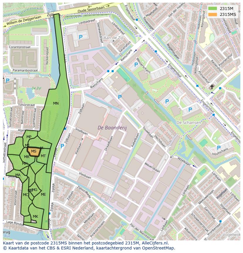 Afbeelding van het postcodegebied 2315 MS op de kaart.