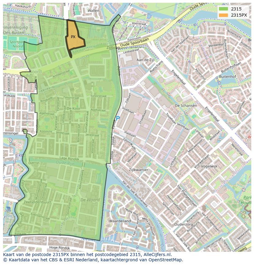 Afbeelding van het postcodegebied 2315 PX op de kaart.