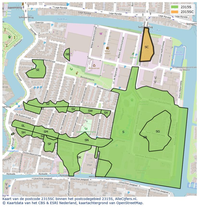 Afbeelding van het postcodegebied 2315 SC op de kaart.