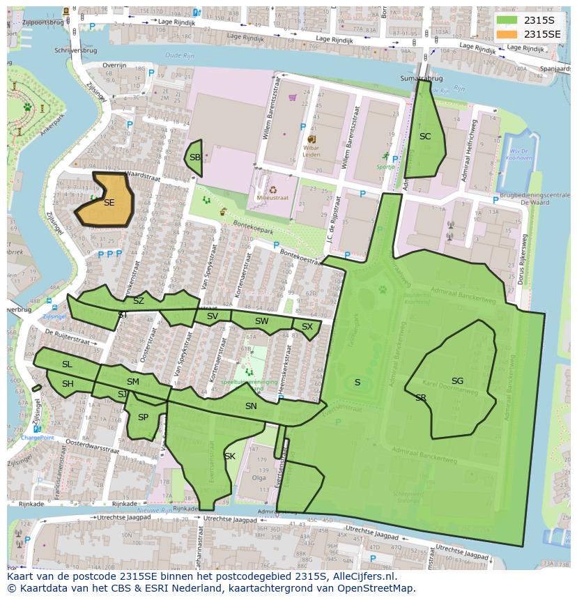 Afbeelding van het postcodegebied 2315 SE op de kaart.
