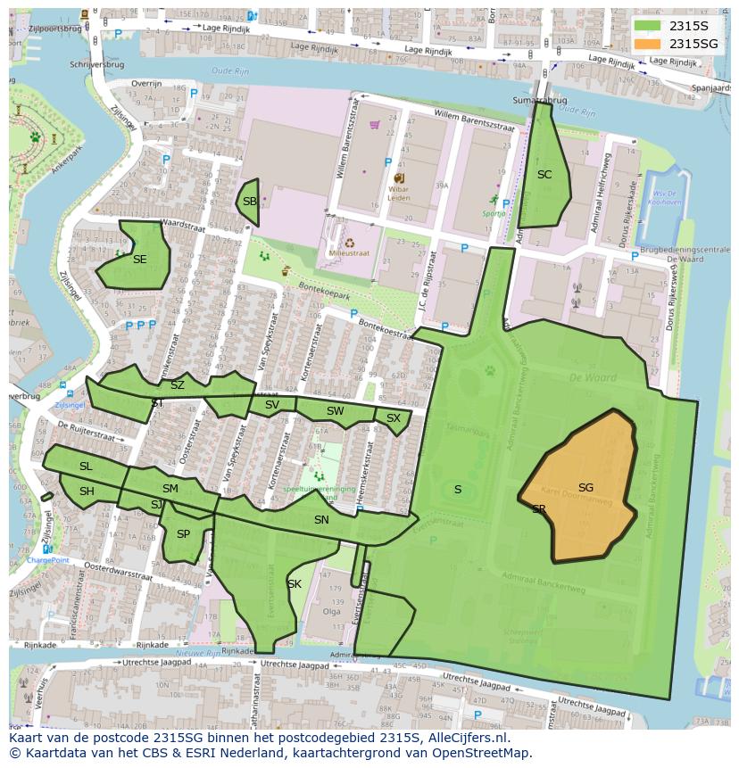 Afbeelding van het postcodegebied 2315 SG op de kaart.